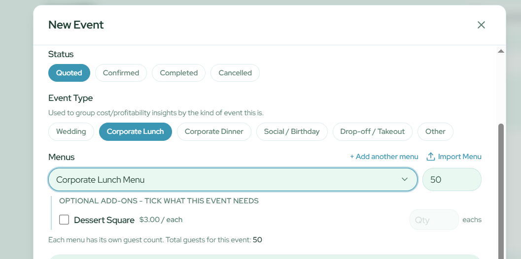 The New Event window with the Corporate Lunch Menu selected and an Optional Add-ons list below it, showing a Dessert Square checkbox at $3.00 each with a quantity box
